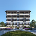Modern Mid Rise Residential Building Surrounded By Lush Greenery Lawn Purple Flowers And Trees