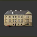 Traditional Style Yellow Multi Story Residential Building With Gray Roof Chimneys And Symmetrical Windows