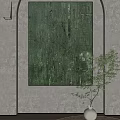 Green Abstract Painting Hanging On Wall With Wall Lamp And Plant