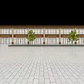Modern Commercial Street Building With Beige Brown Exterior Large Glass Windows Green Trees Paved Square