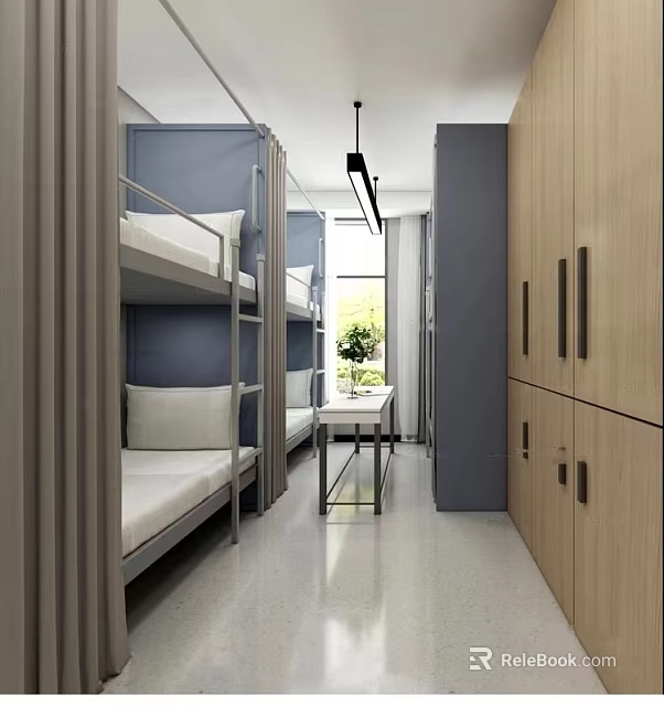 Modern Dormitory Interior Design With Bunk Beds Study Table Wooden Lockers And Plant 3d model 