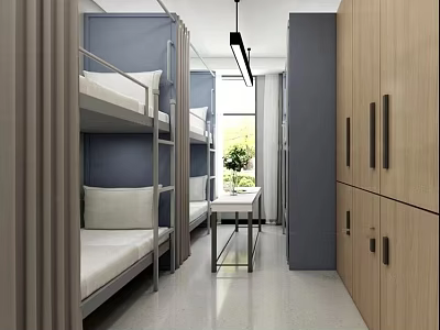 Modern Dormitory Interior Design With Bunk Beds Study Table Wooden Lockers And Plant 3d model