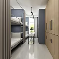Modern Dormitory Interior Design With Bunk Beds Study Table Wooden Lockers And Plant