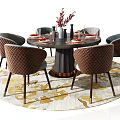 Round Dining Table Set with Brown Upholstered Chairs Tableware Patterned Rug and Red Flowers 3d model