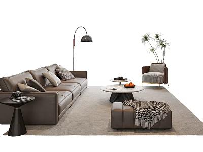 Brown Leather Sofa And Round Coffee Table Set With Floor Lamp Armchair Ottoman And Potted Plant 3d model