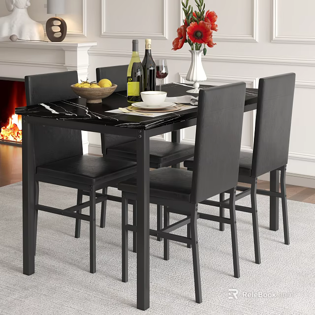 Elegant Black Dining Table Set With Marble Top Chairs Fruit Bowl Wine Bottle And Vase 3d model 