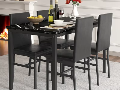 Elegant Black Dining Table Set With Marble Top Chairs Fruit Bowl Wine Bottle And Vase 3d model