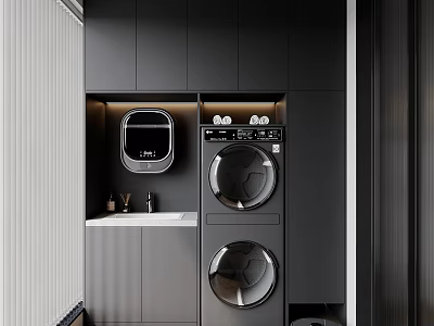 Home Balcony Modern Design With Dark Storage Cabinets Washing Machine Dryer And Built-in Lighting 3d model