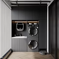 Home Balcony Modern Design With Dark Storage Cabinets Washing Machine Dryer And Built-in Lighting