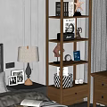 Wooden Shelving Unit With Multiple Shelves Holding Books Decorative Items And Woven Bag In Bedroom