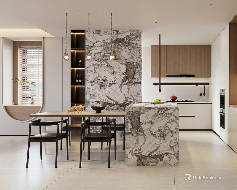 Modern Restaurant Interior Design With Marble Counter Dining Table And Pendant Lights 3d model 