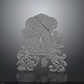 Silver Decorative Metal Ornament With Intricate Carved Scroll Patterns And Symmetrical Design 3d model