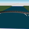 Scenic Landscape Bridge Over Water With Small Boat People Walking And Green Vegetation Around