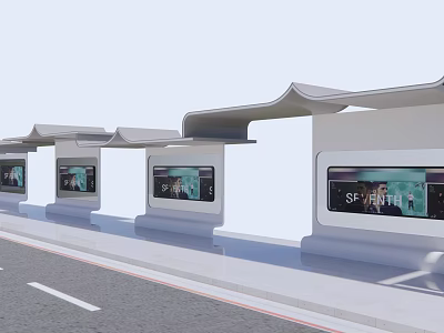 Modern Bus Station Shelter Design With Advertising Billboards Along Platform 3d model