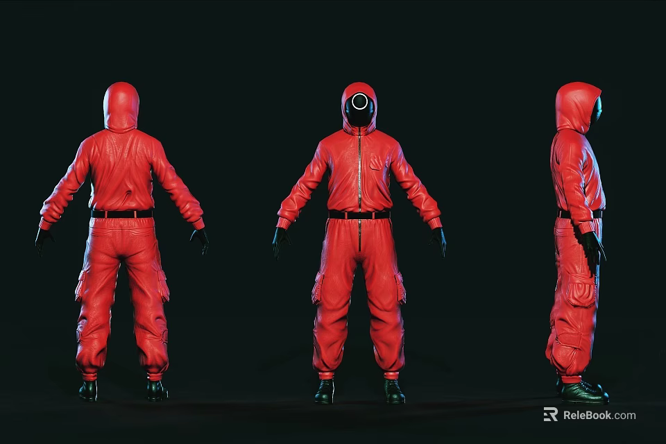 Three Red Hazmat Suit Characters Showcased In Multiple Angles Design And View 3d model