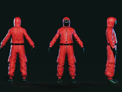 Three Red Hazmat Suit Characters Showcased In Multiple Angles Design And View 3d model