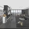 Modern Open Living And Dining Room With City View Gray Sofa And Marble Decor