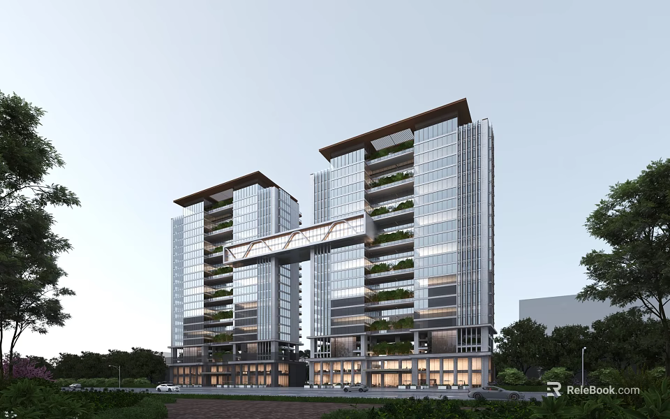 Modern High Rise Office Building With Glass Curtain Walls And Vertical Gardens 3d model 