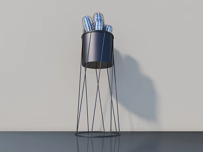 Modern Sculpture Carving With Blue Carved Pieces Black Cylindrical Container And Metal Wire Stand 3d model