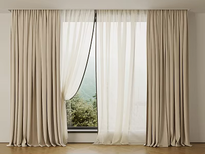 Beige Thick Curtains With Sheer Drapes In Modern Interior And Greenery View 3d model