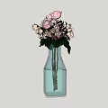 Transparent Blue Vase With Pink And White Flowers And Green Leaves Arrangement