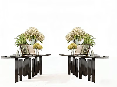 Elegant Vase With White Flowers And Green Leaves On Black Tables Home Decor 3d model