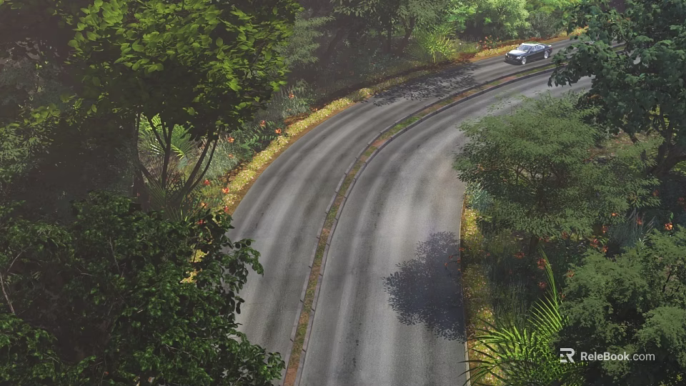 Road Infrastructure Featuring Winding Path Lush Green Vegetation Yellow Curb And Trees 3d model 