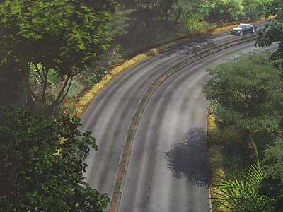 Road Infrastructure Featuring Winding Path Lush Green Vegetation Yellow Curb And Trees 3d model