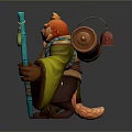 3D Fantasy Bear Character With Orange Fur Braided Hair Yellow Robe And Blue Staff