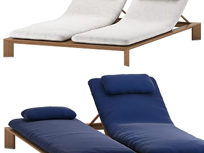 White and Blue Outdoor Lounge Chairs with Wooden Frame and Comfortable Cushions 3d model
