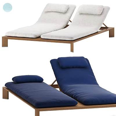 White and Blue Outdoor Lounge Chairs with Wooden Frame and Comfortable Cushions 3d model