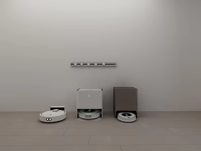 Smart Robotic Vacuum Cleaners Placed Against Gray Wall In Minimalist Room 3d model