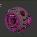 Mechanical Sphere 3D Model With Green Glowing Eyes Red Cables And Metallic Riveted Details Design