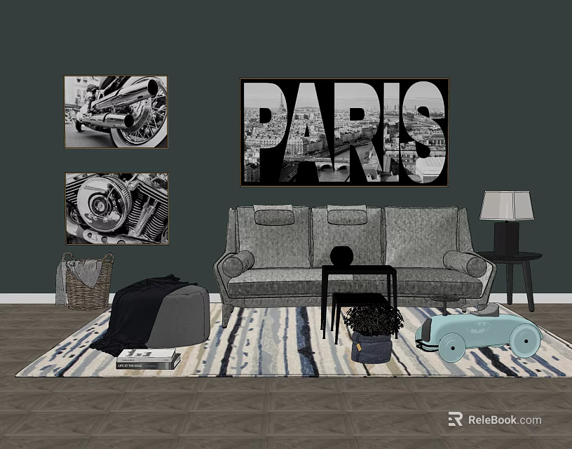 Three Seater Sofa In Living Room With Dark Green Wall Paris Print And Stripe Rug 3d model 