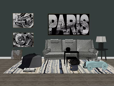 Three Seater Sofa In Living Room With Dark Green Wall Paris Print And Stripe Rug 3d model