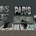 Three Seater Sofa In Living Room With Dark Green Wall Paris Print And Stripe Rug