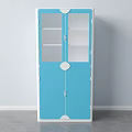 Blue And White Storage Cabinet With Glass Doors And Drawer Design