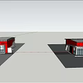 Dalian Truck Service Station Red Building With Circular Logo Glass Windows And Green Lawn