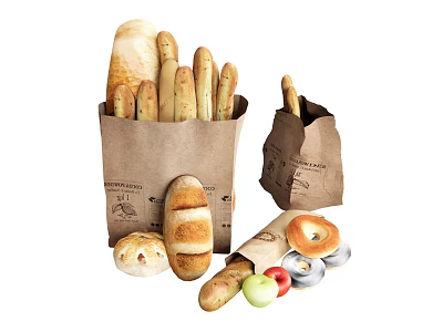 Freshly Baked Assorted Bread in Brown Paper Bags with Baguettes Bagels Apples and Berries 3d model