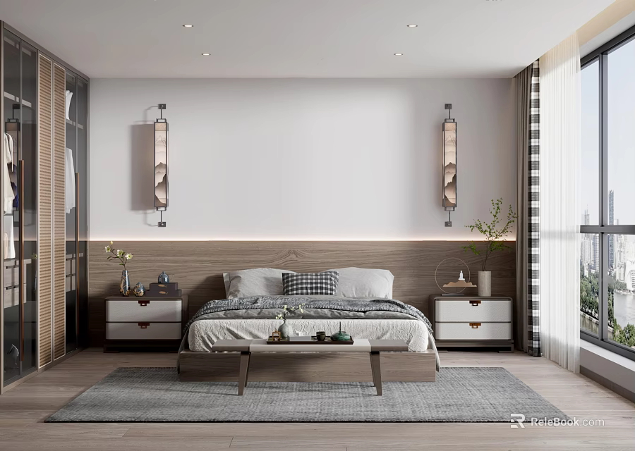 Modern Bedroom Interior Design With Wooden Bed Nightstands Wall Sconces Gray Rug And Sliding Wardrobe 3d model 