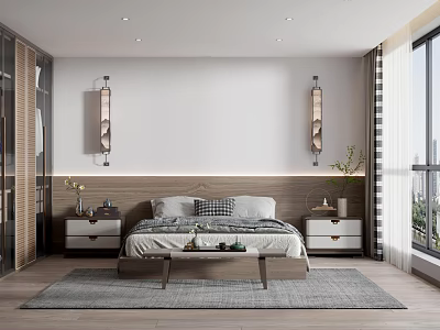 Modern Bedroom Interior Design With Wooden Bed Nightstands Wall Sconces Gray Rug And Sliding Wardrobe 3d model