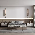 Modern Bedroom Interior Design With Wooden Bed Nightstands Wall Sconces Gray Rug And Sliding Wardrobe