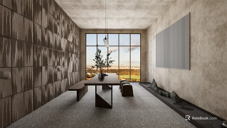 Minimalist Tea Room Interior With Large Windows Natural Light Textured Walls And Green Plants 3d model 