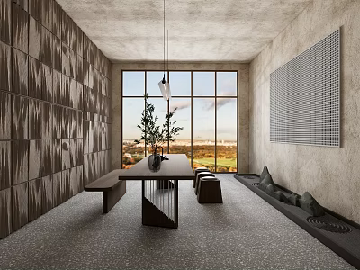 Minimalist Tea Room Interior With Large Windows Natural Light Textured Walls And Green Plants 3d model