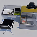 Modern Office Desk with Laptop Tablet Pen Paper Black Chair Open Drawer Books and Printer