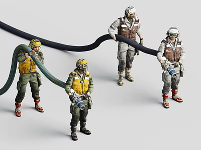 Workers in Protective Gear Handling Biological Materials With Black Green Hoses 3d model