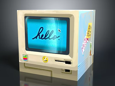 Vintage Electronic Computer Screen Displaying Hello Text With Smiley Sticker And Decorative Decals 3d model