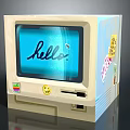 Vintage Electronic Computer Screen Displaying Hello Text With Smiley Sticker And Decorative Decals