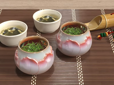 Pink And White Tea Set With Lotus Pattern White Cups Tea Leaves On Bamboo Mat 3d model