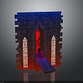 Gothic Style Architecture With Stained Glass Windows Red Blue Lighting Stone Walls And Entrance